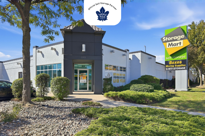 Facility exterior with Toronto Maple Leafs partnership logo at StorageMart in Etobicoke, Ontario